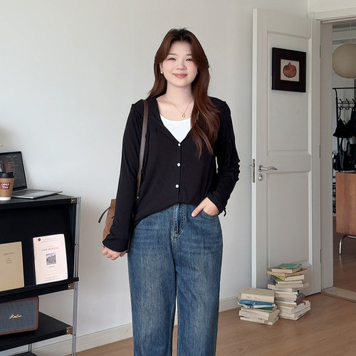 大码女装胖mm韩系假两件连帽上衣