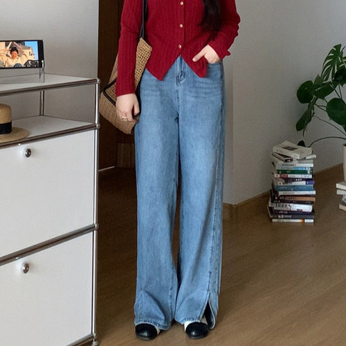 大码梨形mm遮胯开叉阔腿牛仔裤女