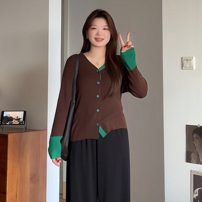 大码胖妹妹休闲百搭撞色针织开衫