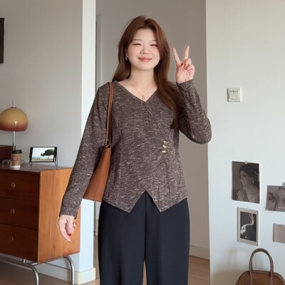 大码胖mm显瘦交叉设计感T恤上衣