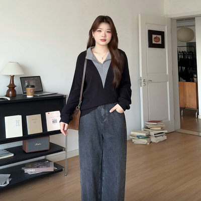 大码女装秋季撞色翻领显瘦针织衫