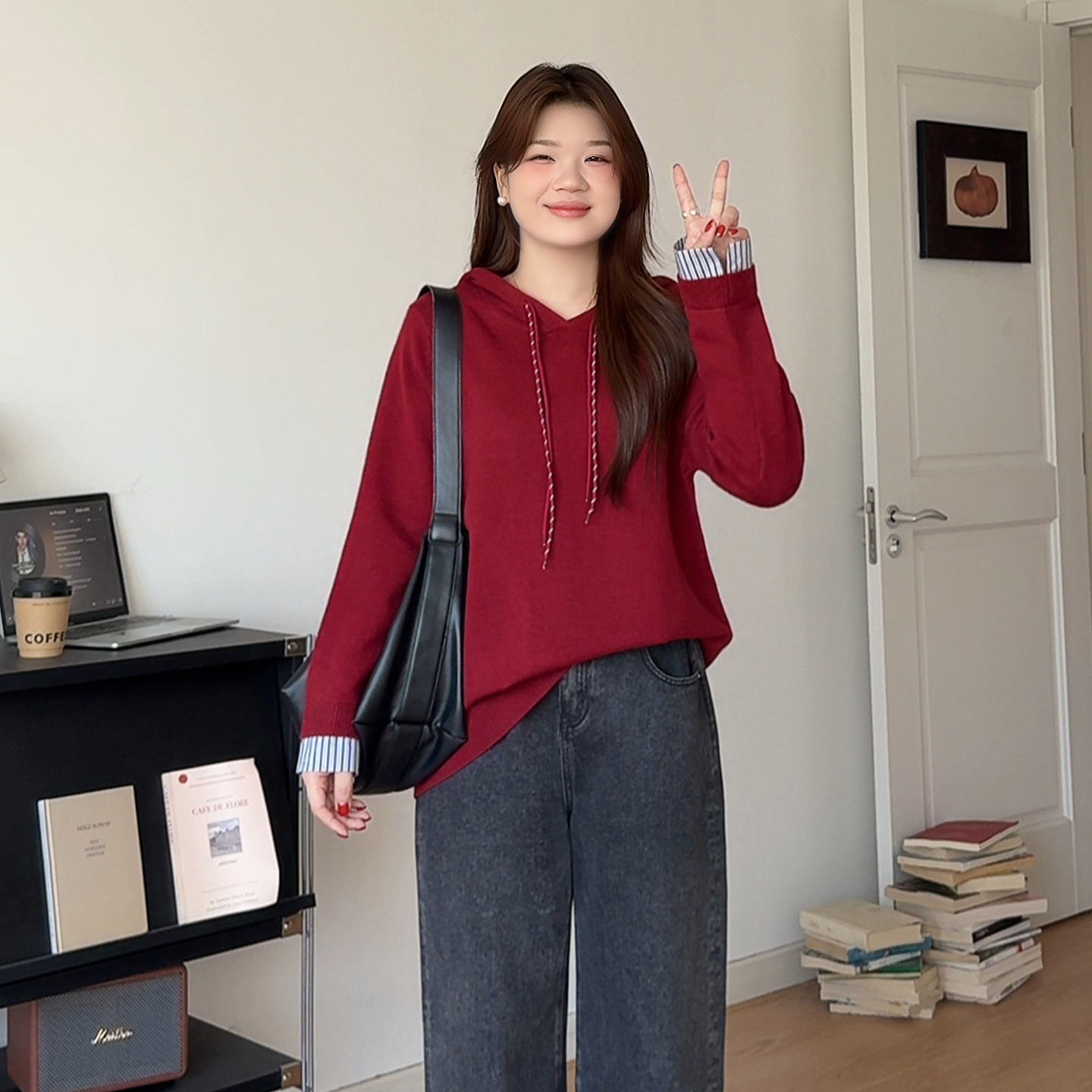 大码秋冬气质休闲针织连帽上衣女