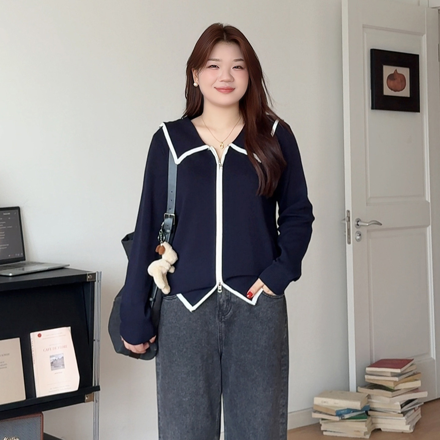 微胖的喵喵大码撞色翻领针织开衫胖mm秋冬季气质简约毛衣外套0276,女装/女士精品,大码内搭,淘宝优惠券,粉丝福利购,淘宝优惠卷