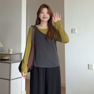 设计感不规则马甲长袖 胖mm春装 T恤两件套上衣6218 喵喵大码 微胖