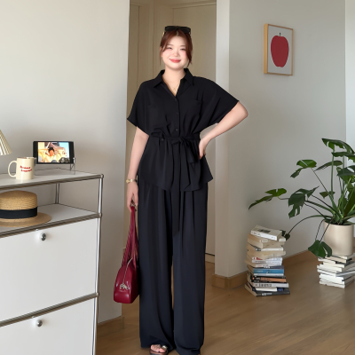 大码遮肚收腰衬衫阔腿裤两件套装