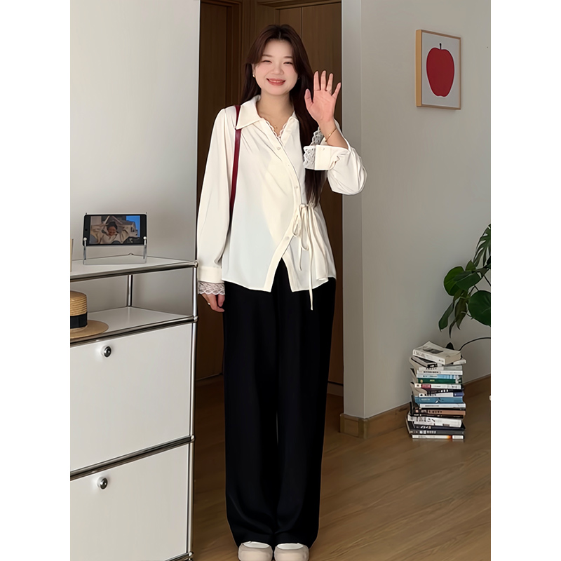 春季大码蕾丝花边长袖衬衫上衣女