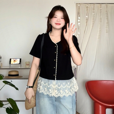 大码女显瘦遮肚蕾丝拼接衬衫上衣