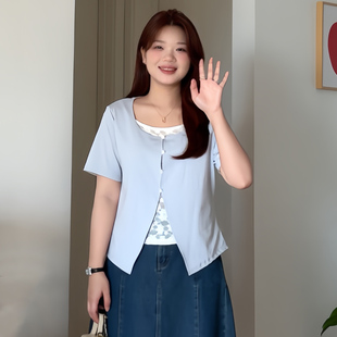 喵喵大码 mm夏季 微胖 女装 4808 遮肚显瘦蕾丝拼接短袖 T恤正肩上衣