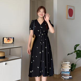 喵喵大码 胖mm夏季 微胖 女装 3309 巨好看 显瘦V领碎花雪纺连衣裙