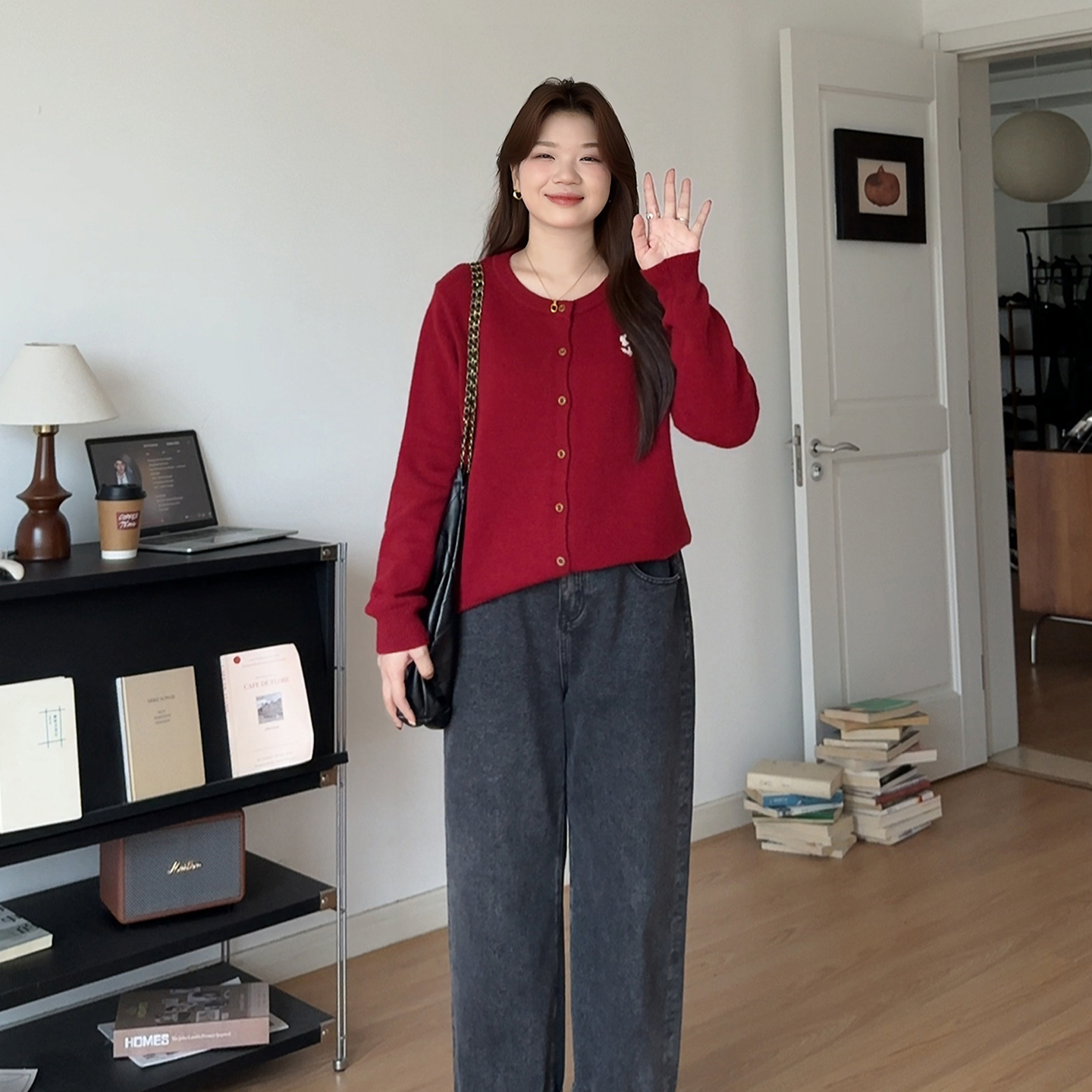 大码显瘦刺绣长袖针织开衫上衣女