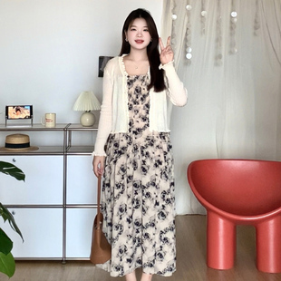 显瘦开衫 女装 mm夏季 2636 碎花吊带连衣裙两件套装 喵喵 微胖 大码