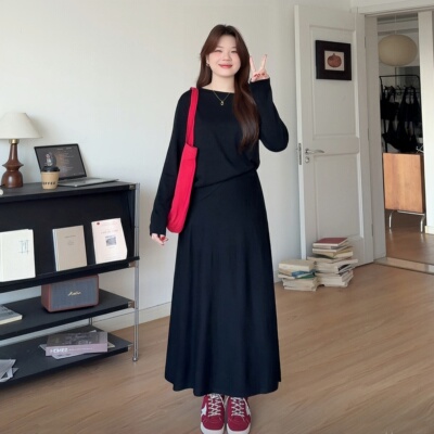 大码女装露肩上衣半裙针织套装