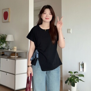 微胖的喵喵大码短袖掐腰T恤女胖mm夏装不规则设计感正肩上衣6950