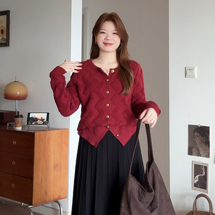 胖mm秋冬季 圆领毛巾绣针织开衫 穿搭氛围感上衣3575 喵喵大码 微胖