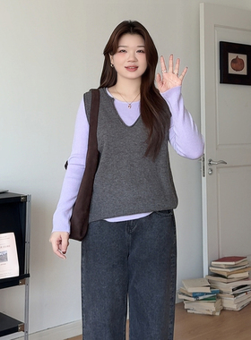 微胖的喵喵大码女装胖mm冬季穿搭休闲减龄针织马甲上衣两件套6333