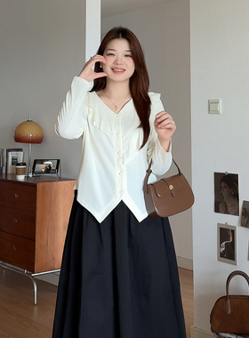 微胖的喵喵大码女装胖mm秋季显瘦穿搭法式优雅气质荷叶边上衣3945