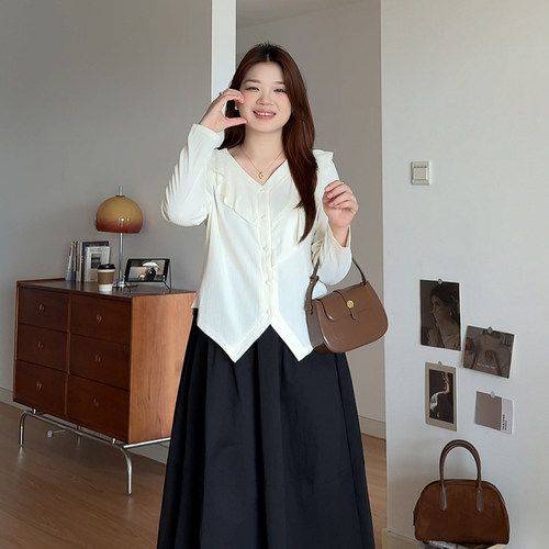 大码女装优雅长袖气质荷叶边上衣