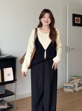 微胖的喵喵大码女装胖mm秋季穿搭遮肉显瘦撞色假两件针织毛衣8699