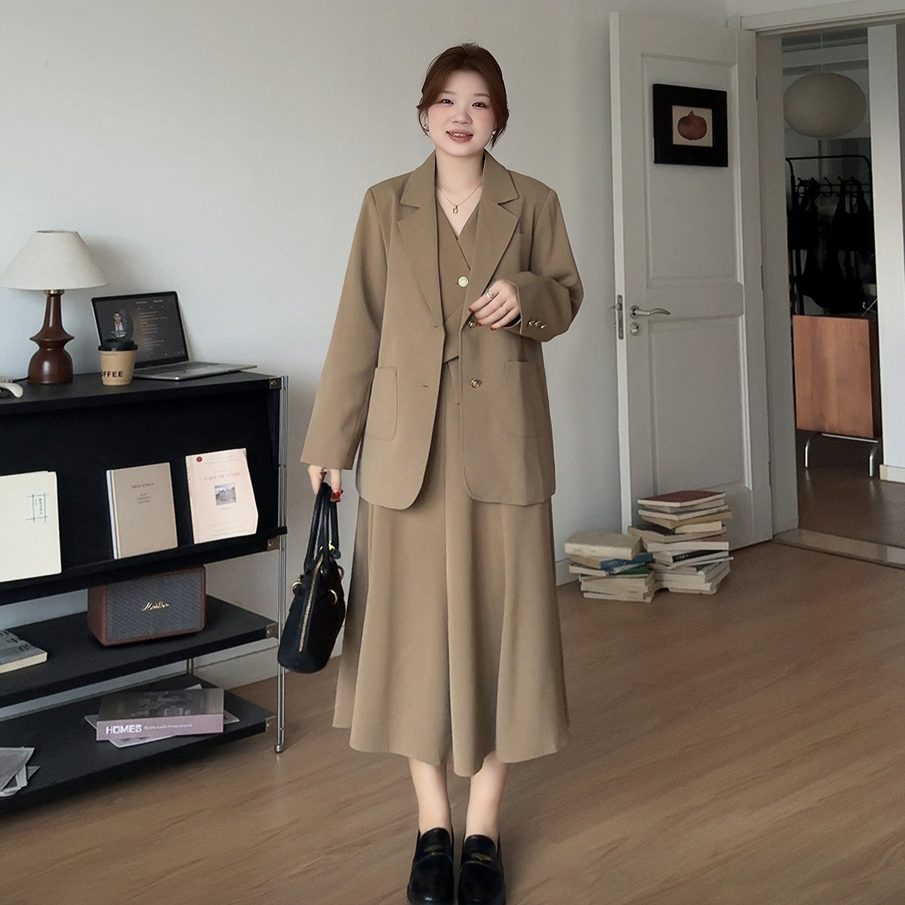 微胖的喵喵大码女装胖mm春装一整套穿搭高级感OL西装三件套装3961