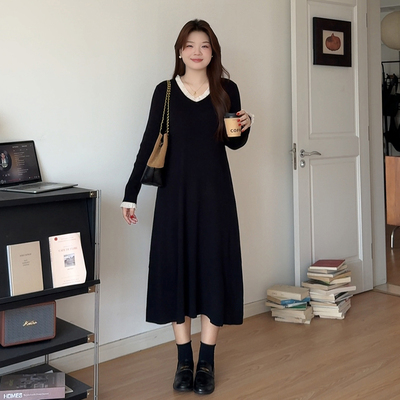 大码mm拼接花边内搭中长款连衣裙