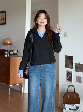 微胖的喵喵大码女胖mm秋季内搭假两件巨好看显瘦正肩上衣卫衣6166