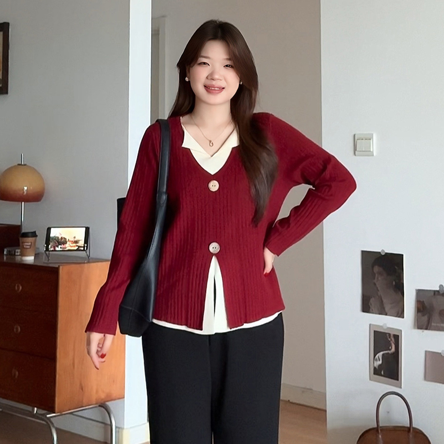 微胖的喵喵大码女装胖mm秋冬新款假两件毛衣V领开叉针织上衣3530,女装/女士精品,大码内搭,淘宝优惠券,粉丝福利购,淘宝优惠卷