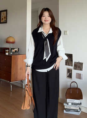 微胖的喵喵大码女装适合胖mm秋季穿搭巨显瘦马甲衬衫两件套装9T22