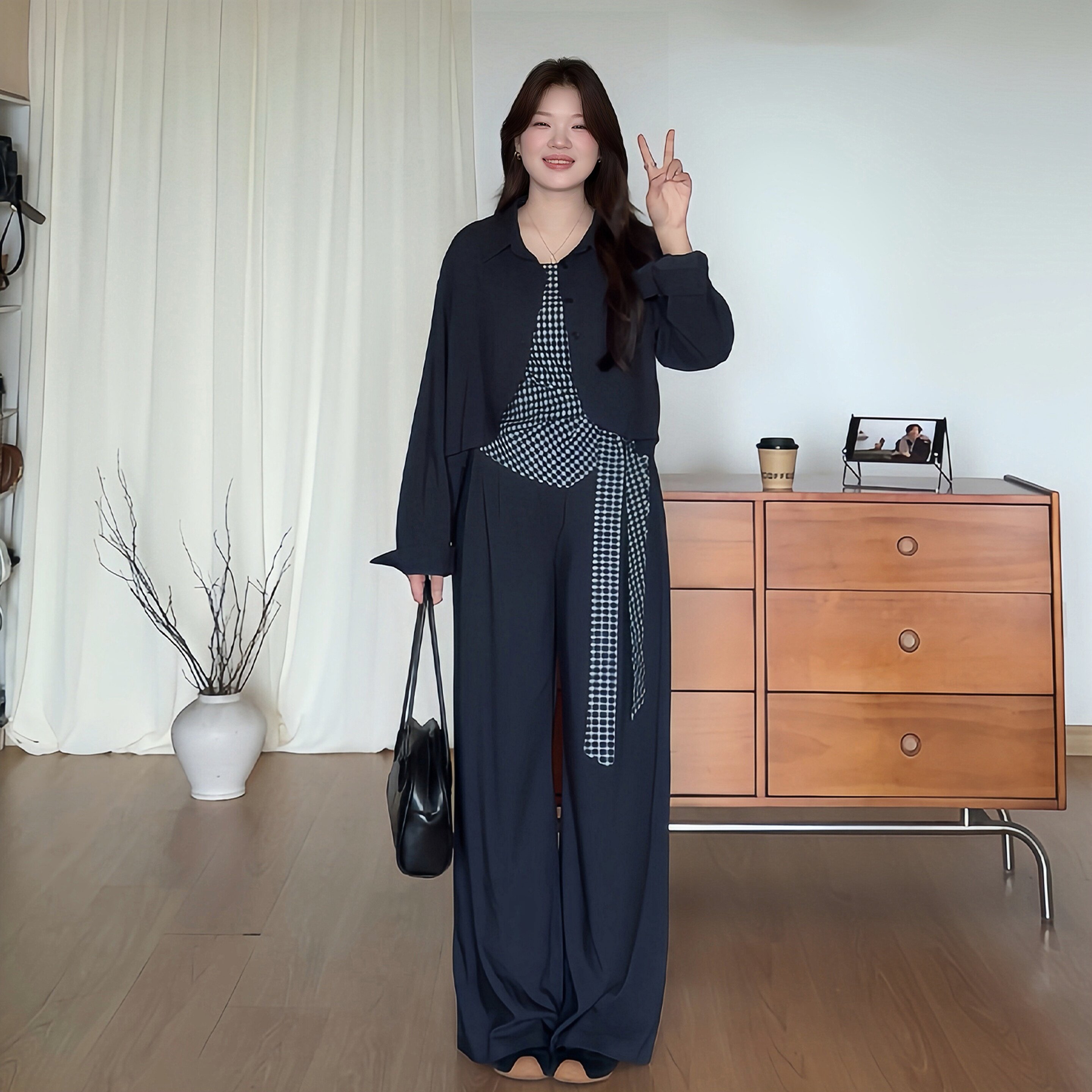 微胖的喵喵大码女装胖mm秋装一整套穿搭吊带外套阔腿裤三件套1637