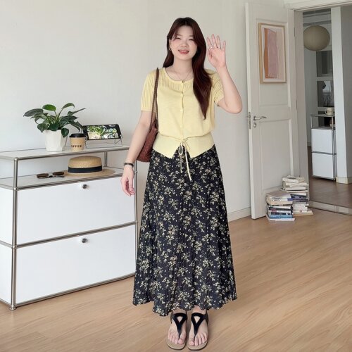 大码胖mm系带上衣碎花半身裙套装