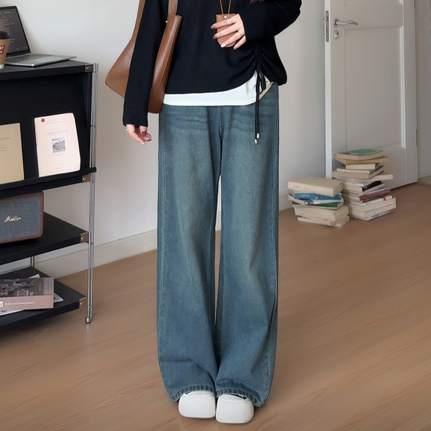 大码女装韩版高腰直筒牛仔阔腿裤
