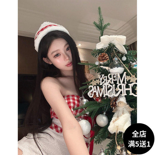 DEC雪域精灵 圣诞节服装女纯欲可爱毛茸茸格子挂脖一字肩包臀短裙