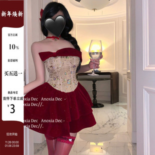 DEC 性感抹胸束腰连衣裙女红色新年派对蓬蓬裙短裙 圣诞节套装