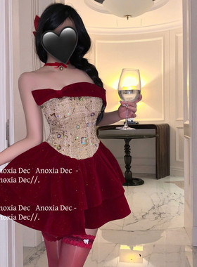 DEC 圣诞节套装性感抹胸束腰连衣裙女红色新年派对蓬蓬裙短裙