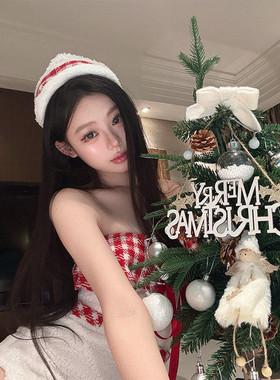 DEC雪域精灵 圣诞节服装女纯欲可爱毛茸茸格子挂脖一字肩包臀短裙