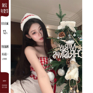 DEC雪域精灵 圣诞节服装女纯欲可爱毛茸茸格子挂脖一字肩包臀短裙