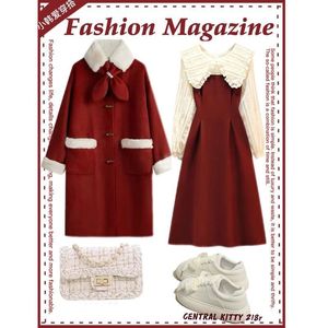 新年裙子套装2022秋冬新款红色大衣外套冬装气质显瘦连衣裙两件套