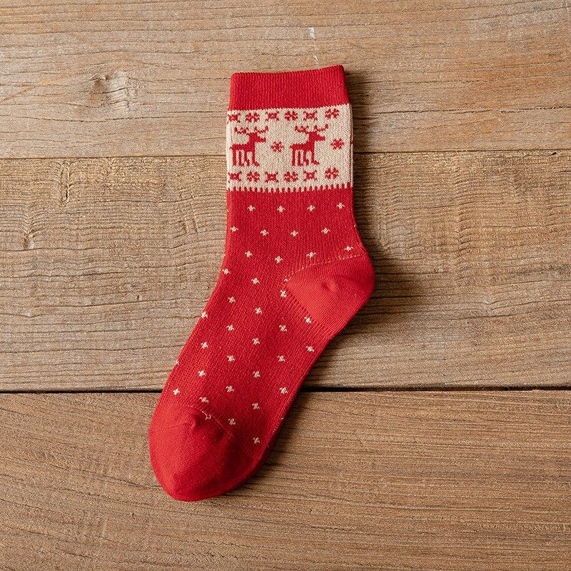 새해를 맞이하는 밝은 빨간색 양말 2켤레 빨간색 두꺼운 실 이중 바늘 중통 양말