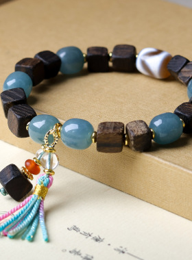 原创设计达拉干方块珠搭配蓝水翡翠中式手链文玩虎牙天珠手串批发