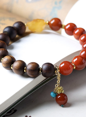 黄奇楠沉香木搭配蜜蜡原石手链新中式南红玛瑙双拼文玩手串批发女