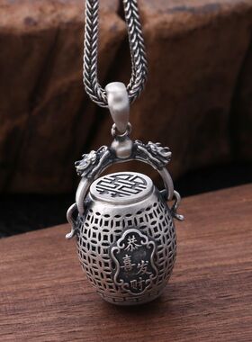 s925纯银男女个性吉祥如意貔貅镂空复古喜字可打开吊坠装香料