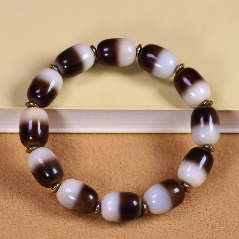 5A级西藏天然真品老矿玛瑙黑白阴阳药师天珠手串单圈手链10*14mm