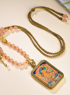 手绘描金唐卡双面龙八大守护神龙五爷项链立体唐卡嘎乌盒吊坠浮雕