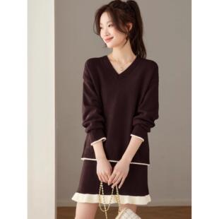 MONLOUVE红色毛衣套装女小个子2025新款秋冬高级感慵懒风针织衫短