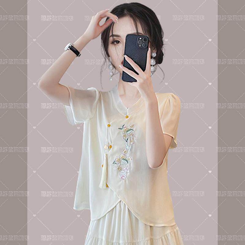 SOLENELARA新中式国风刺绣短袖雪纺衬衫女夏装2025年时尚百搭上衣