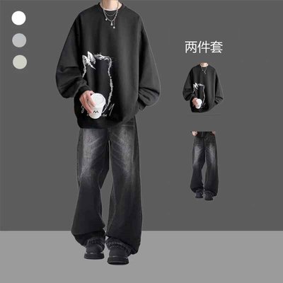 秋季圆领卫衣套装男装潮牌青少年酷帅学生穿搭时髦牛仔裤一套装