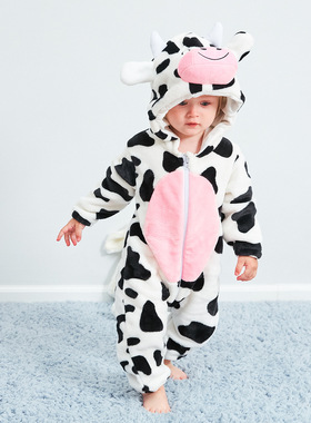 michley婴儿衣服秋冬法兰绒宝宝连体衣奶牛动物造型睡衣 儿童爬服