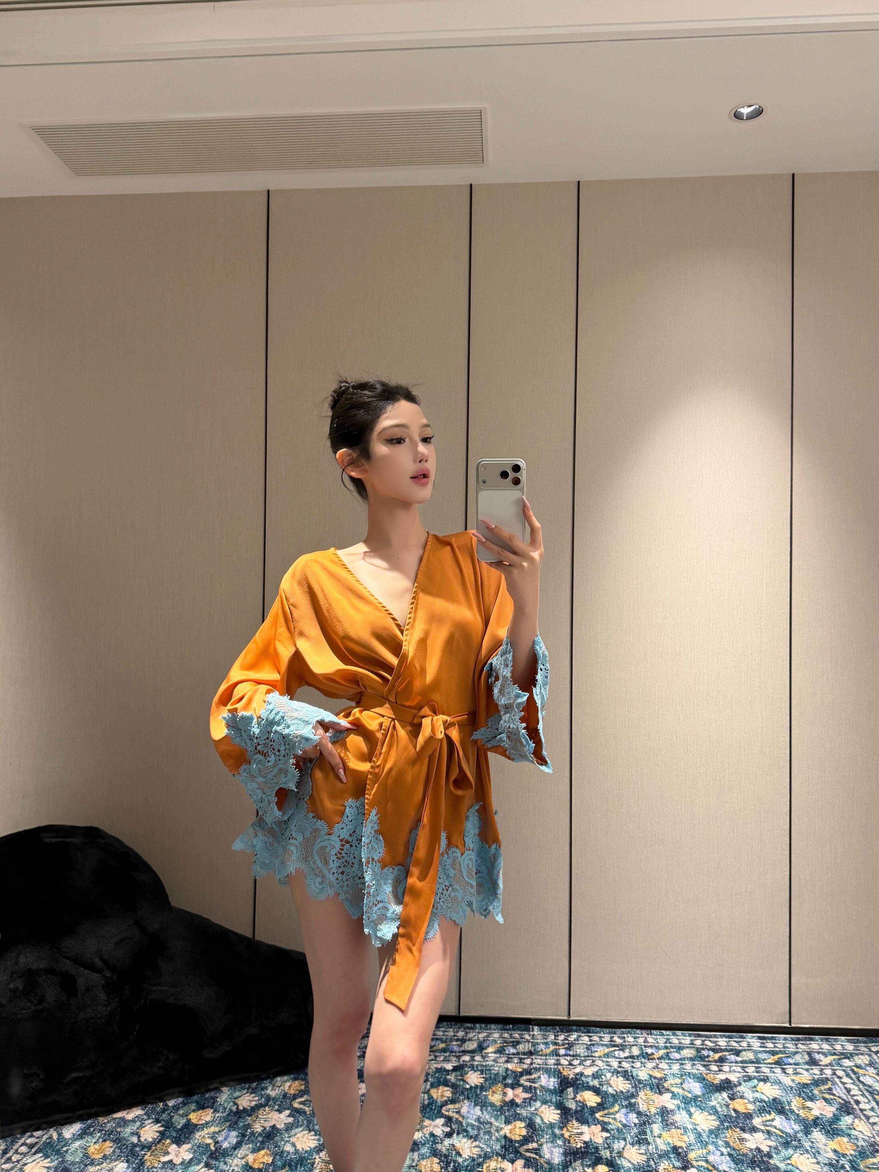 极致奢华系带家居服睡袍短裙度假可外穿复古蕾丝撞色花边性感气质