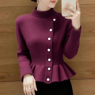 MONLOUVE韩系复古风紫色半高领长袖毛衣针织衫女秋冬款高级感通勤