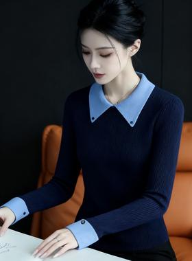 MONLOUVE覆古绝美藏蓝色Polo领长袖毛衣针织衫女秋冬新款简约休闲