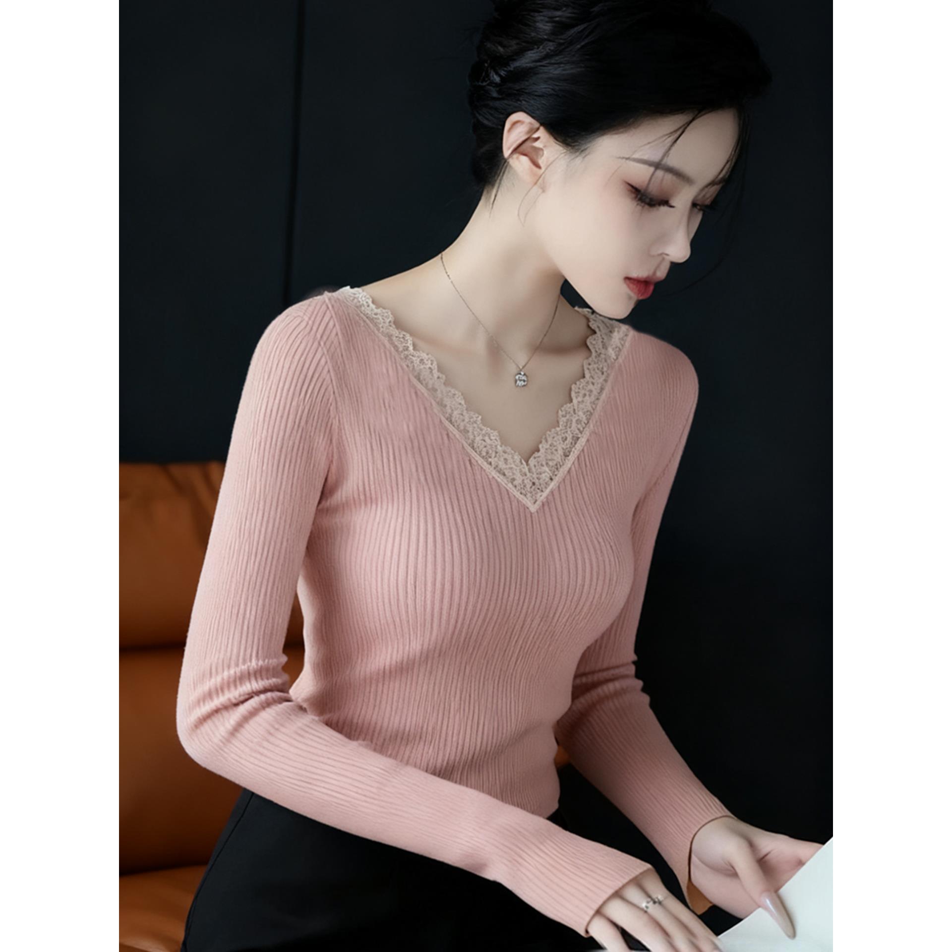 MONLOUVE韩系chic绝美粉色V领蕾丝边针织打底衫女秋冬新款简约超